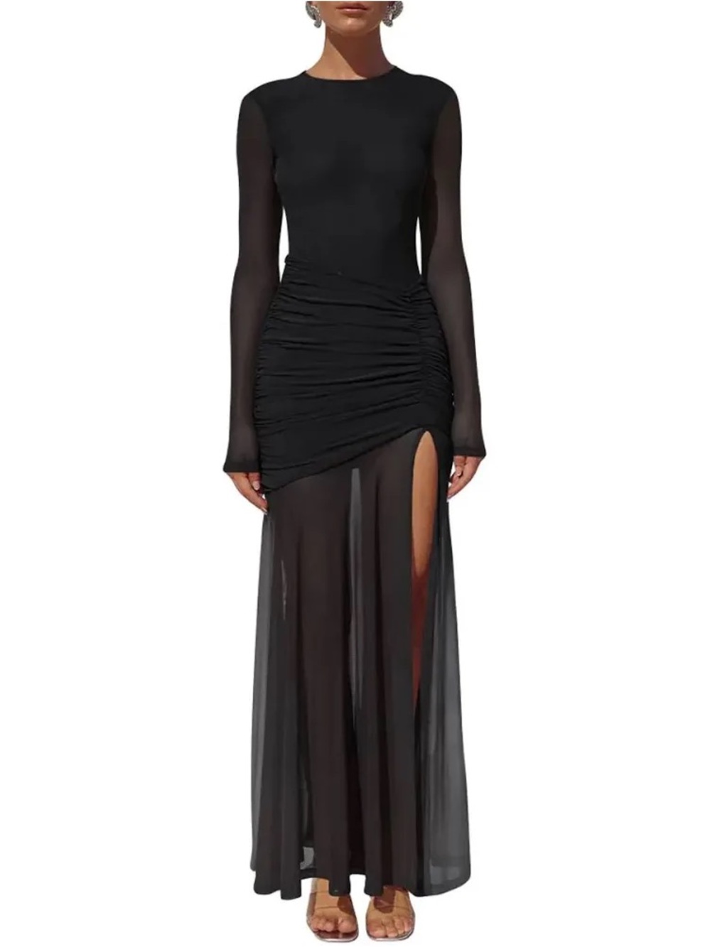 Black Long-Sleeve Ruched Maxi Dress with High Side Slit